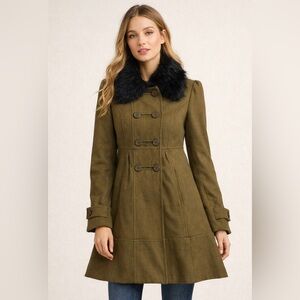 Tulle Olive Green Double Breasted Trench Coat with Black Faux Fur Collar